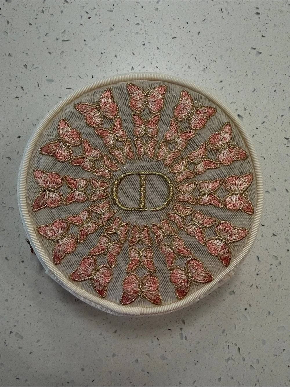 Dior Round Butterfly Embroidered Cream and Pink Travel Pouch